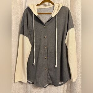 Gray and Cream Button-Up Top with Hood